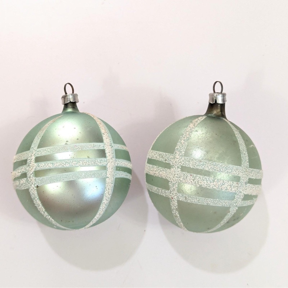 2 VTG West Germany Glass Mint Green Geometric Stripe White Mica Ornaments